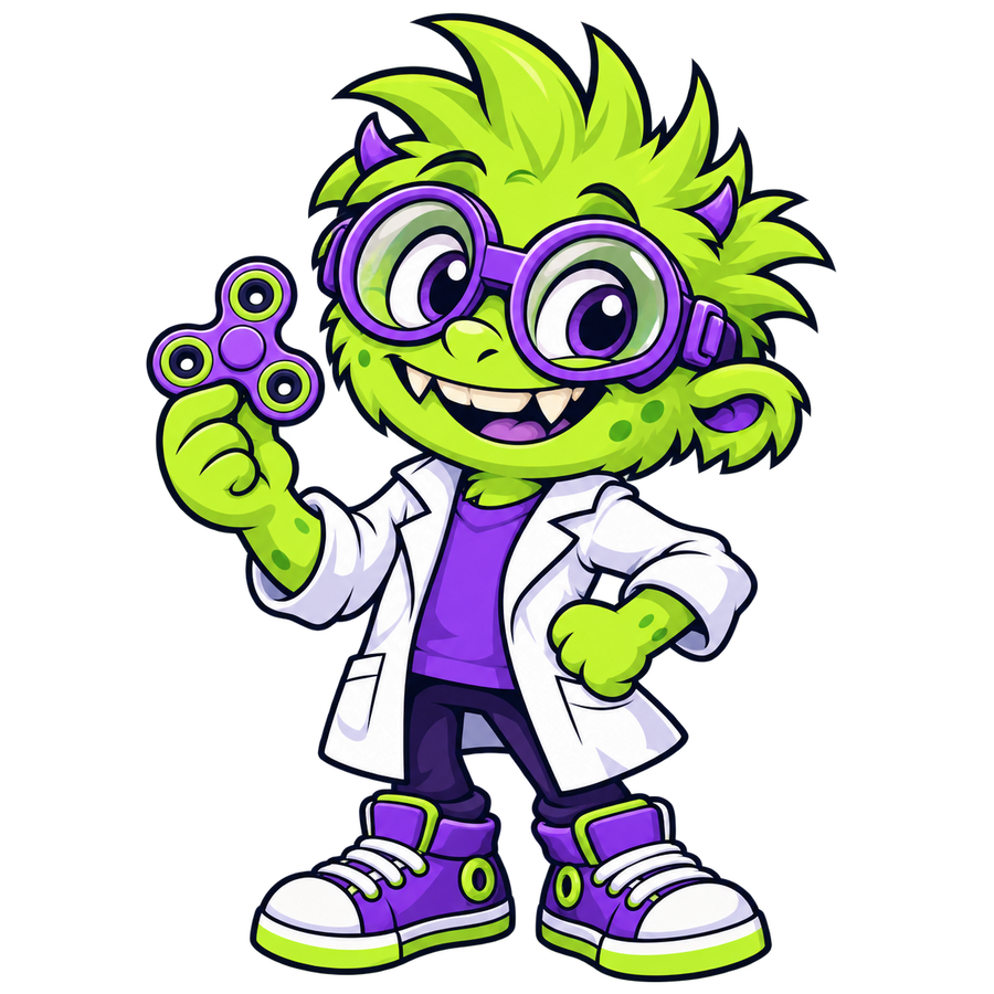 Fidgetstein's friendly lime-green inventor holding a purple fidget spinner