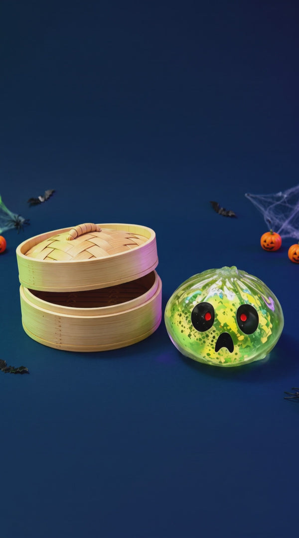 Green Halloween glitter dumpling squishy demonstration